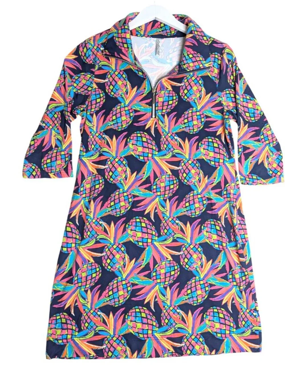 Lulu B Half-Zip Pineapple Print Dress 3/4 Sleeve Navy Multicolor Size M - Picture 9 of 9